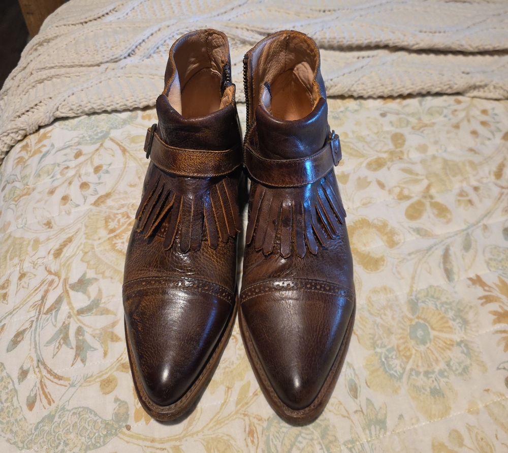 Women's Bed Stu Brown Leather Fringe Ankle Booties Cobbler Series